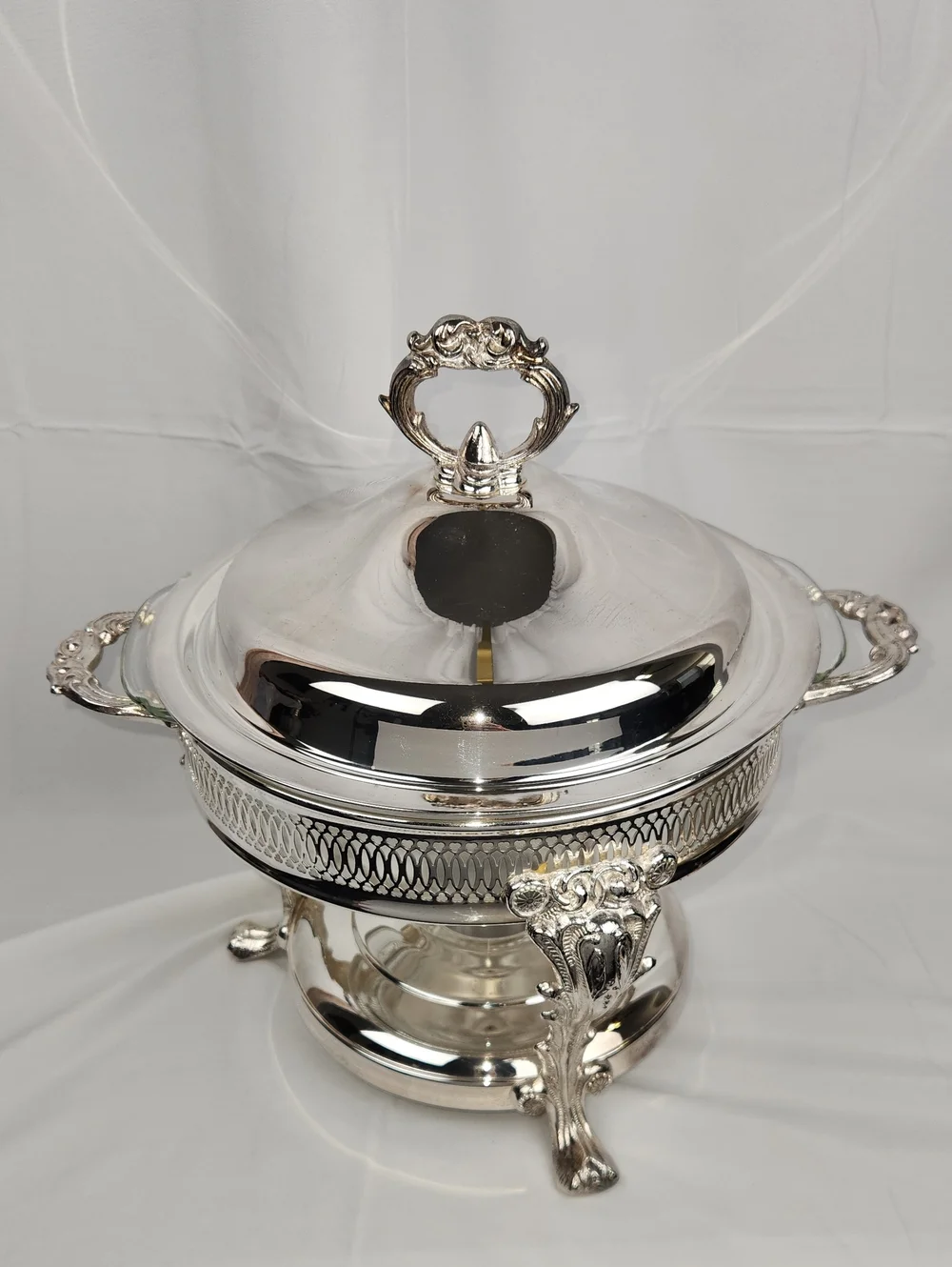 Vntg English Silver/Leonard Silverplated Chaffing Dish Anchor Hocking Glass Bowl